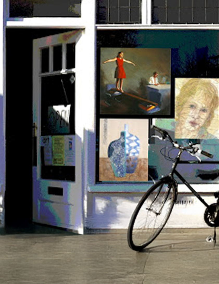 A gallery entrance and window with artwork